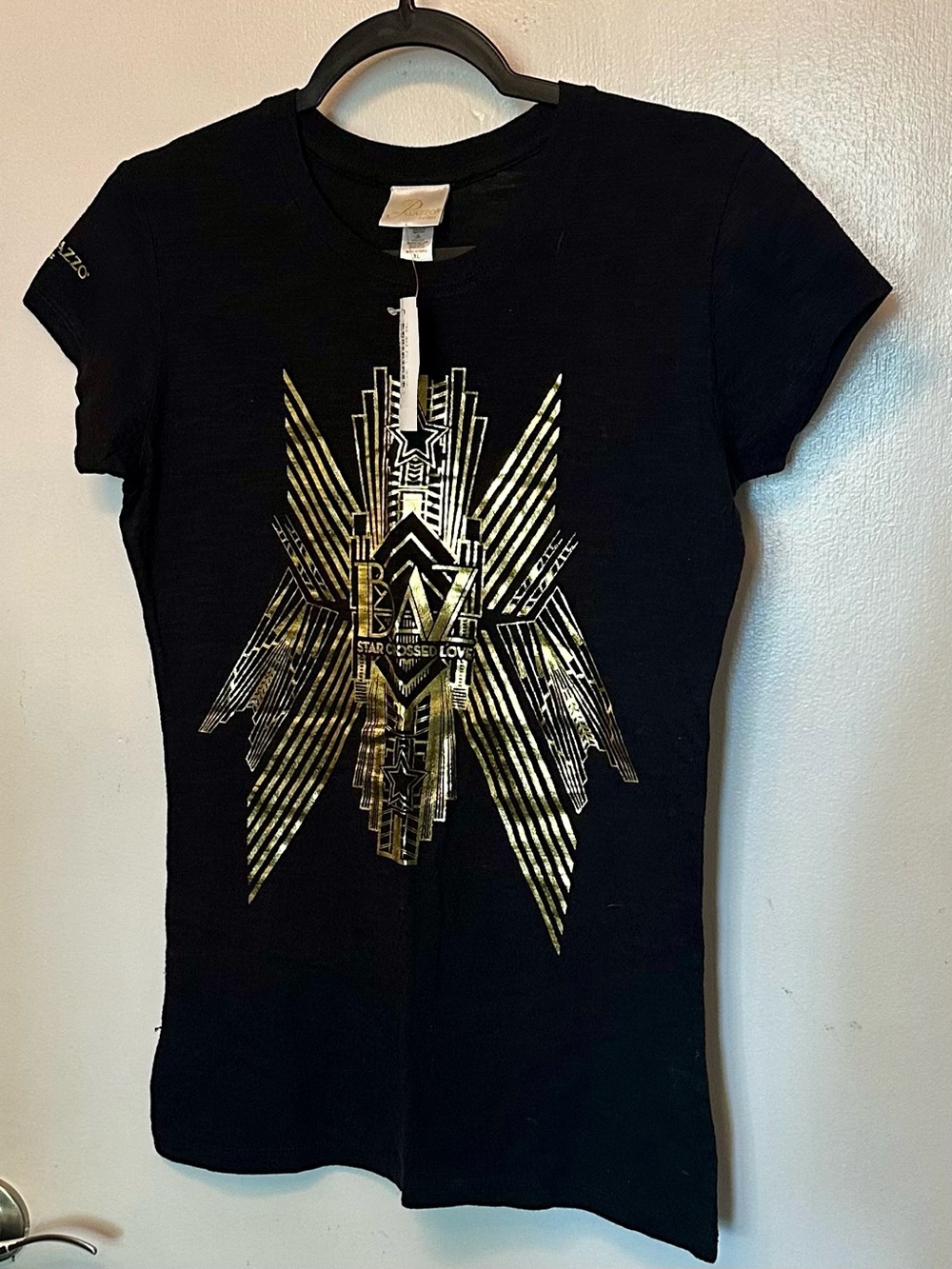 NWT Baz Luhrman Star Crossed Lovers Gold Foil Black Tee from The Palazzo